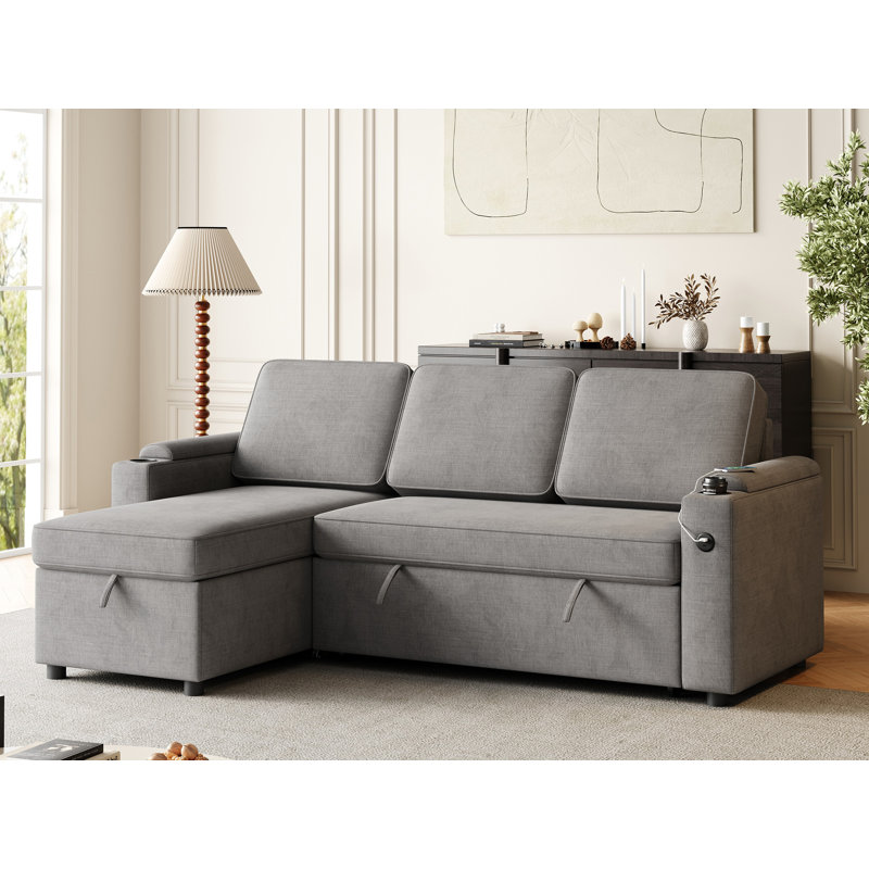 Sylvanis Convertible Sleeper Sofa with Reversible Chaise, Dark Grey Polyester Blend