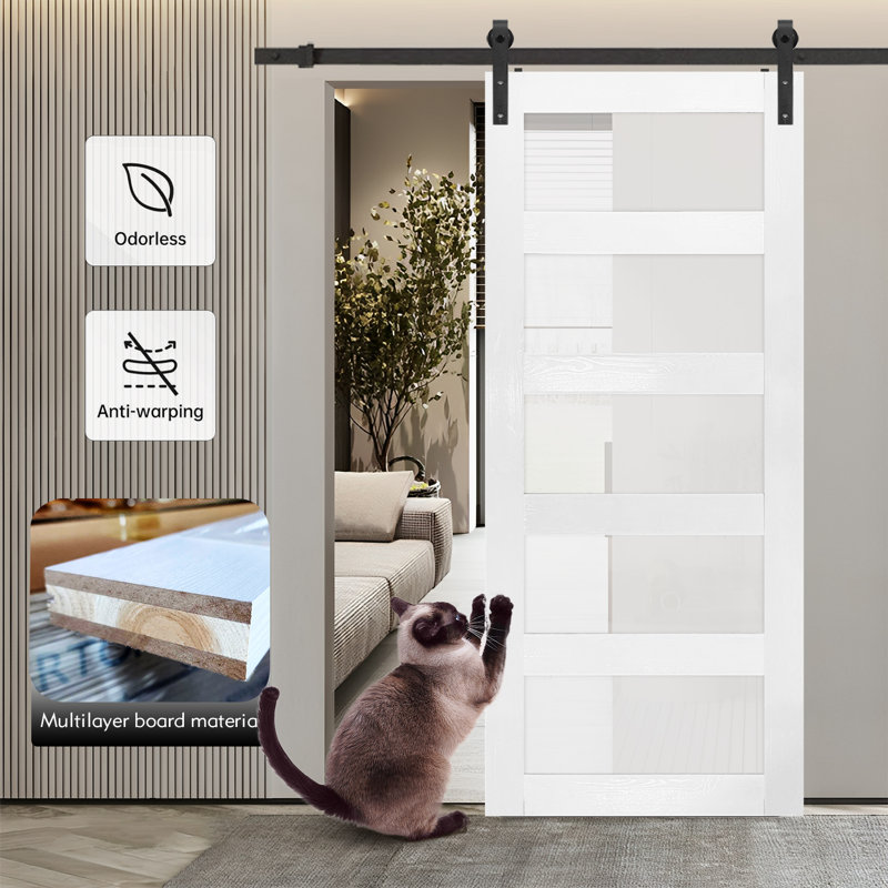 S&Z TOPHAND Double Glass Sliding MDF Barn Door With Sliding Door Hardware Kit, 5 Tempered Frosted Glass, Slab Inside Covered With Water-Proof PVC Surface, Simple DIY Assembly