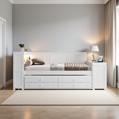 Full Size Daybed With Storage Shelves,Drawers,Trundle,Charging Station,LED Light,Desk And Cabinet
