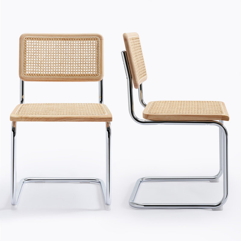Crumley 18.1" H Mid-Century Modern Rattan Dining Chairs with Rattan Cane Backrest, Natural, Chrome
