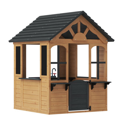 Solid Wood Outdoor Kids Playhouse With Pretend Kitchen, Chalkboard & Side Pet Kennel For Backyard