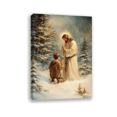 Jesus Praying Boy Canvas Wall Art, Christian Jesus Praying for Boy in Snow Painting Poster, Christmas Wall Decor Print, Christian Salvation Picture fo
