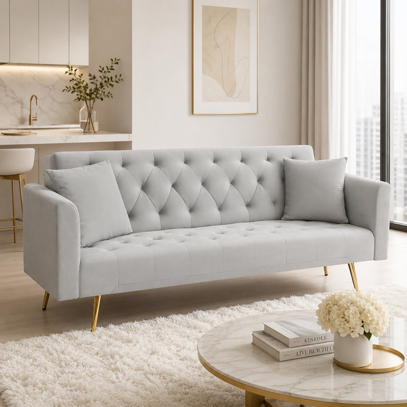 Thomias 71.01'' Velvet Convertible Sofa, Gray Velvet