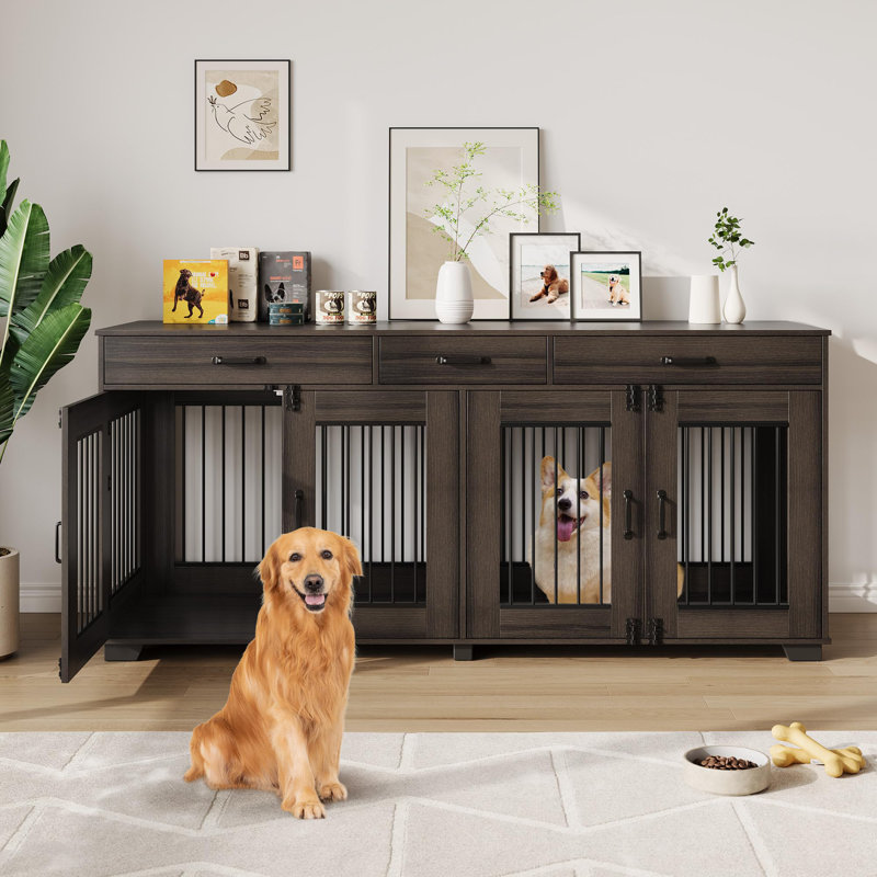 Caisse pour chien 71 po pour 2 chiens de taille moyenne de style meuble, chenil d'intérieur robuste avec 3 tiroirs de rangement coulissants, meuble télé à double porte avec système de sécurité multi-serrures