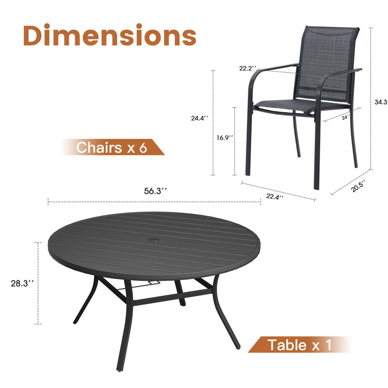 Ensemble de salle à manger pour 6 personnes avec table de salle à manger ronde en faux bois de 56 po et accoudoirs en textilène