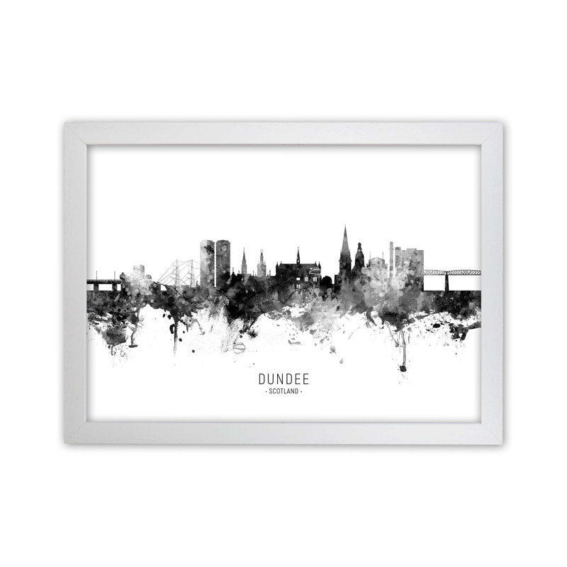 Dundee Scotland Skyline Black White City Name by Michael Tompsett - Print, White Framed, 46cm H x 63cm W x 3cm D