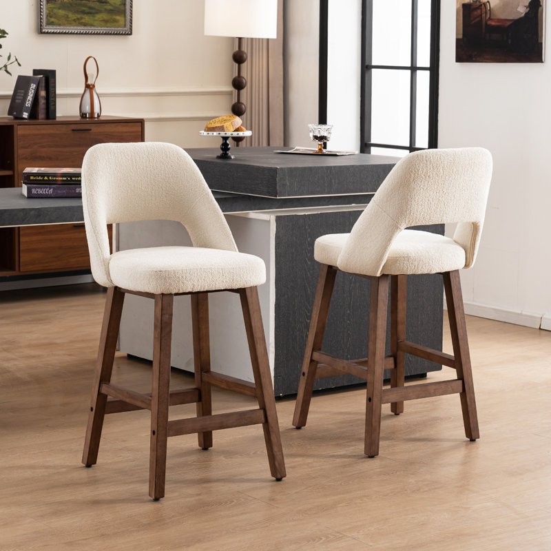 Mid-Century Modern Armless Upholstered Counter Stool, White Boucle