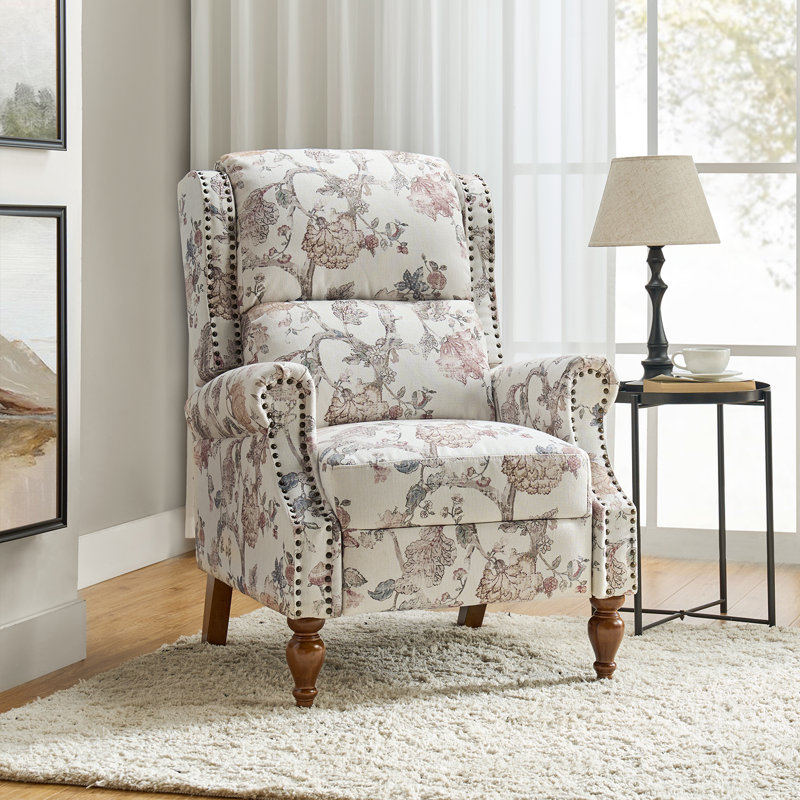 Ariany 30.5" Floral Manual Recliner with Nailheads, Navy Polyester