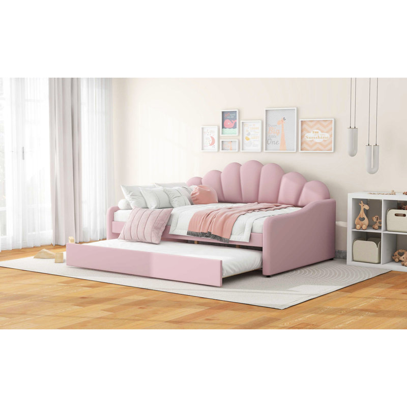 Full Size Daybed With Soft Pink Upholstery And Versatile Trundle - Graceful Upholstered Curved Charming, Pink
