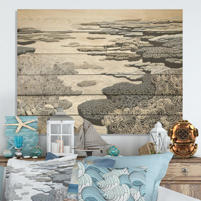 Gray Abstract Landscape - Coastal Coral Under Water Wood Wall Art On Natural Pine Wood