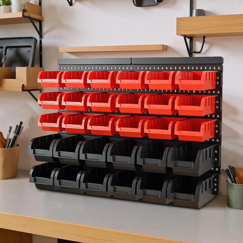 Organisateur de bacs de rangement mural robuste, Rouge / Noir, H 16,1 po x l 25,2 po x P 6,5 po