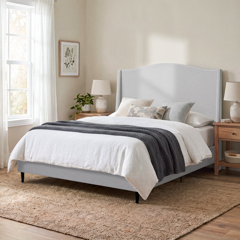 Ana Upholstered Wingback Platform Bed with Curved Headboard, King, Gray