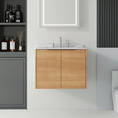 Meuble-lavabo flottant 24 po avec lavabo, porte à fermeture douce, comptoir en marbre de culture blanc de 0,6 po et dosseret, contreplaqué