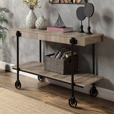 Console de canapé industrielle avec tablette inférieure ouverte, conception à lattes de ton naturel | Idée de cadeau