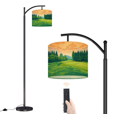 Arc Floor Lamp with Adjustable Lampshade Green grass woods field Standing Lamp 3 Colour Temperatures Dimmable Tall Pole Lamp with Foot Switch for Bedroom