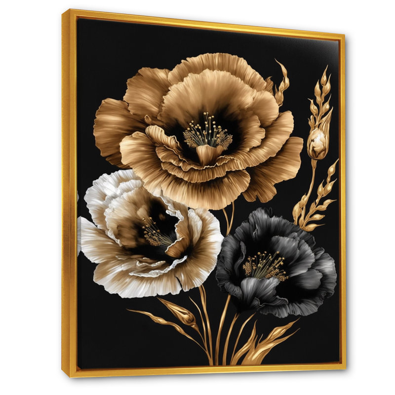 " Black And Gold Gladiolus II ", 20" H x 12" W x 1" D, Gold Floater Framed