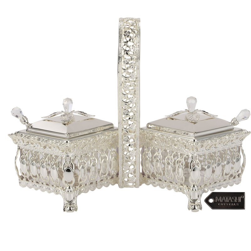 Bol décoratif carré en métal 2 pièces, Argenté