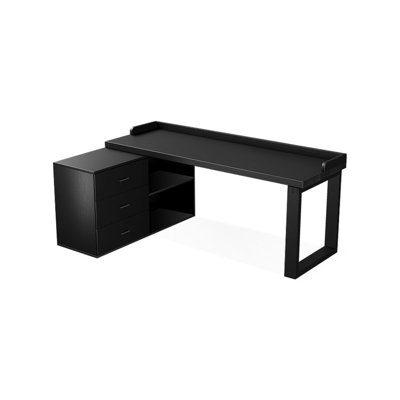 Bureau en bois massif noir en forme de L avec 3 tiroirs