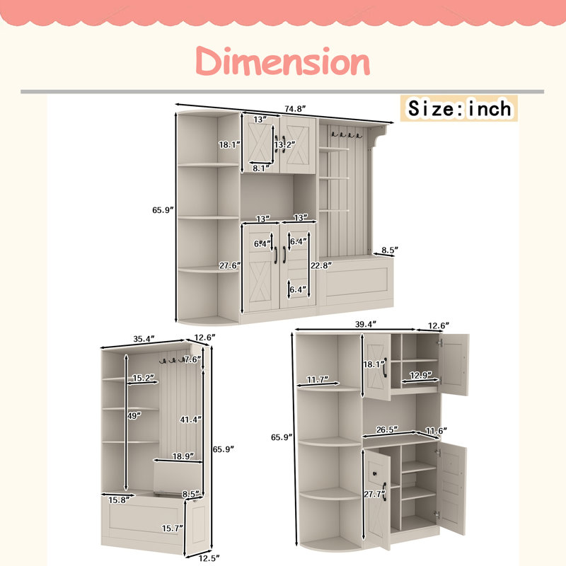 Multifunctional Left-Right Combination Hall Cabinet (Can Be Used Separately) With Storage And 4 Hooks, Storage Cabinet/ Hall Tree 2 In 1 For Living Room, Kitchen And Hallway