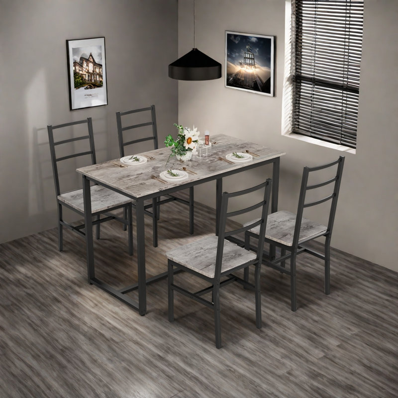 Ensemble de table et de chaises cinq pièces avec dossier, style industriel, structure solide, Gris, Noir, noir, noir, noir