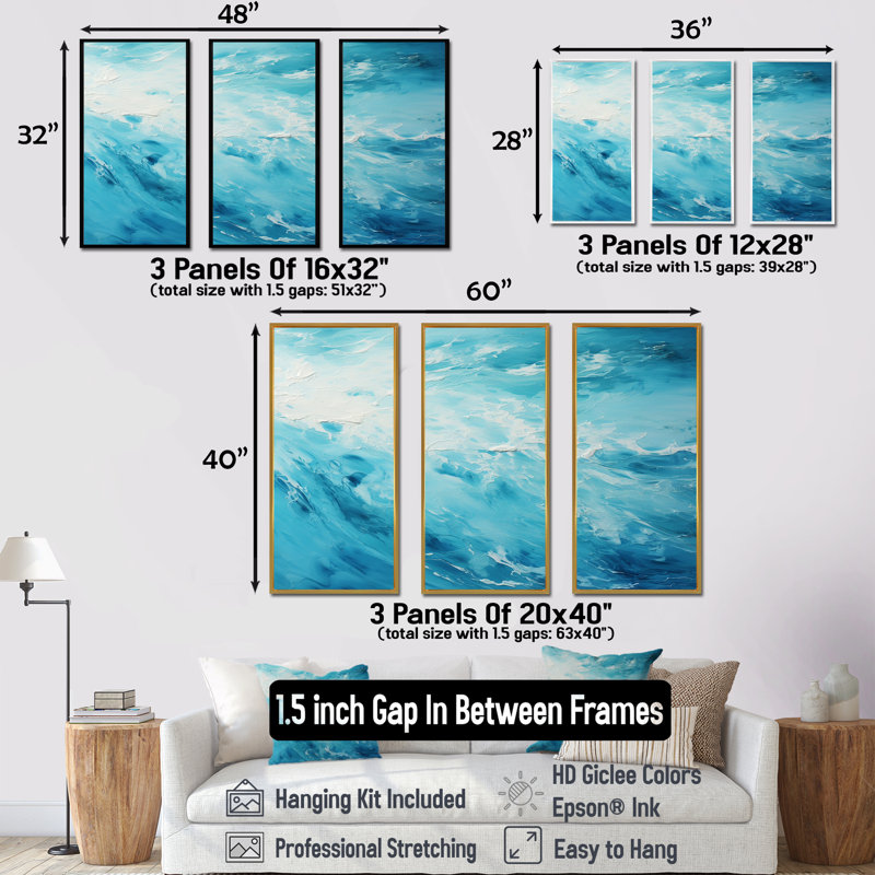 «Azure Blue Lagoon Horizon II - Coastal Waves», ensemble d'art sur toile, Cadre naturel flottant, H 40 po x l 60 po x P 1 po