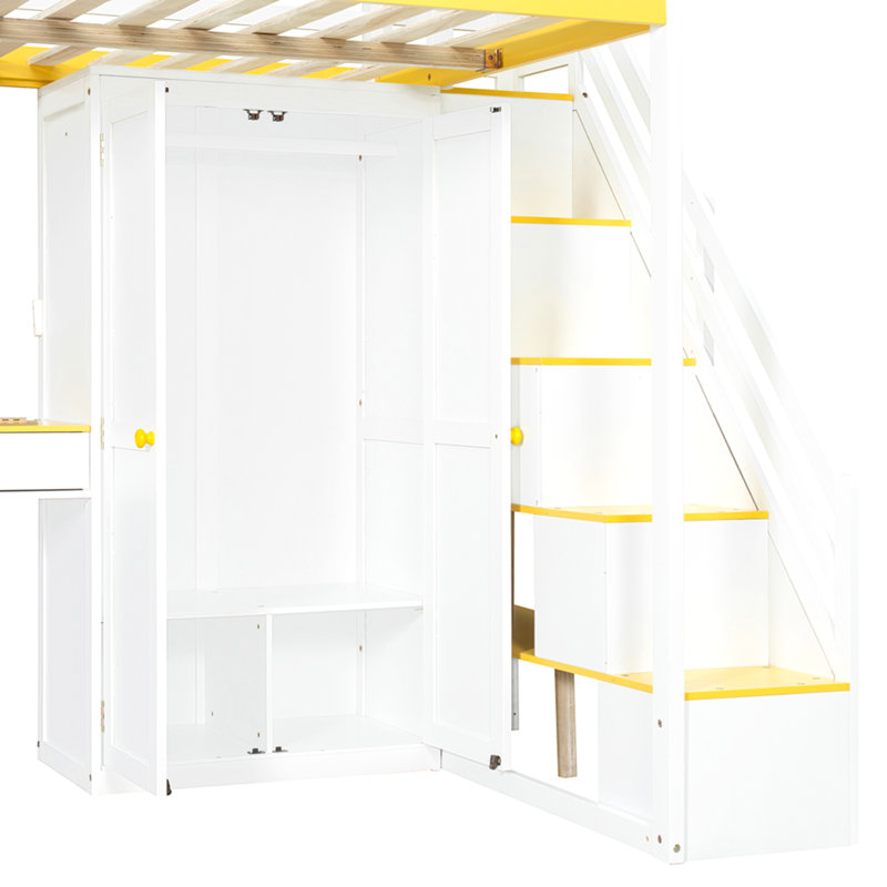 Lit mezzanine double avec escalier de rangement, coiffeuse intégrée avec miroir et tiroir, garde-robe et armoires, ports et lumières de charge USB, blanc et jaune