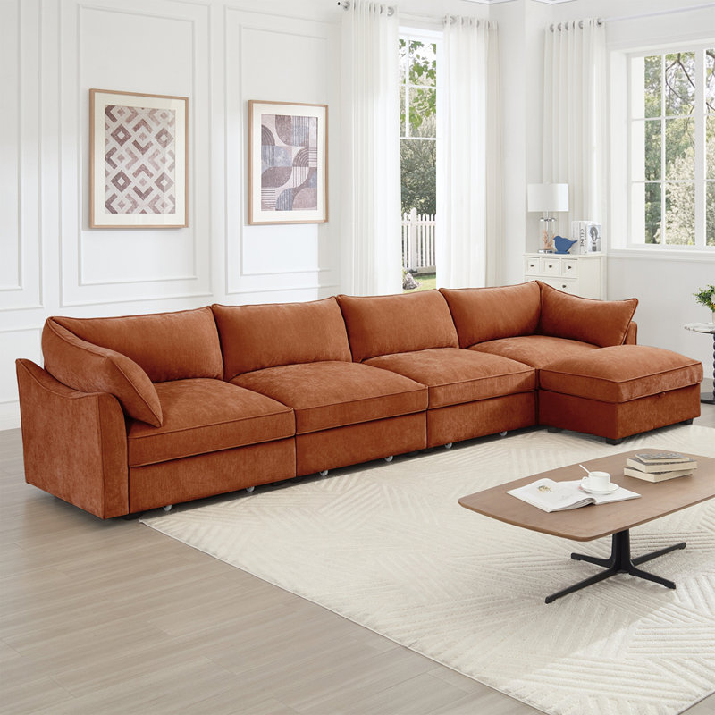 Canapé modulaire en L 4 places, canapé 4 places avec 1 repose-pieds mobile, accoudoirs en forme de croissant et coussins de dossier et d'accoudoirs enveloppants, chenille