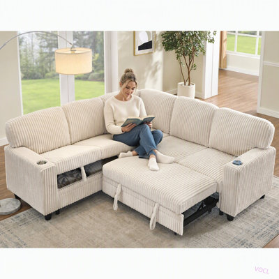 L-Shaped Sectional Sofa Bed with Pull-Out Bed & Storage, 5-Seat Sleeper Couch with USB Charging, Convertible Design for Living Room, Apartment, Corduroy Fabric