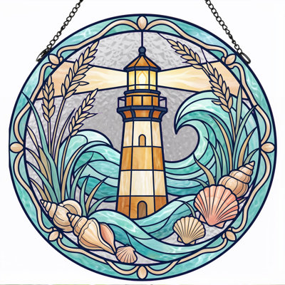 Lighthouse Waves Stained Glass Window Panel，7.8H