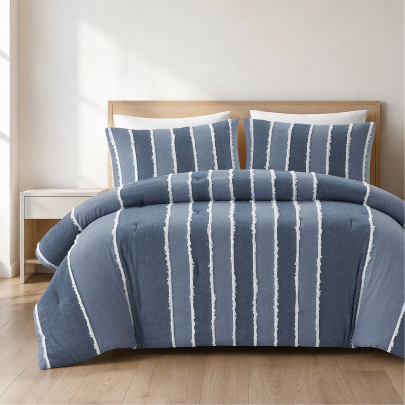3 Pieces Full/Queen Striped Cotton Comforter Set,Blue