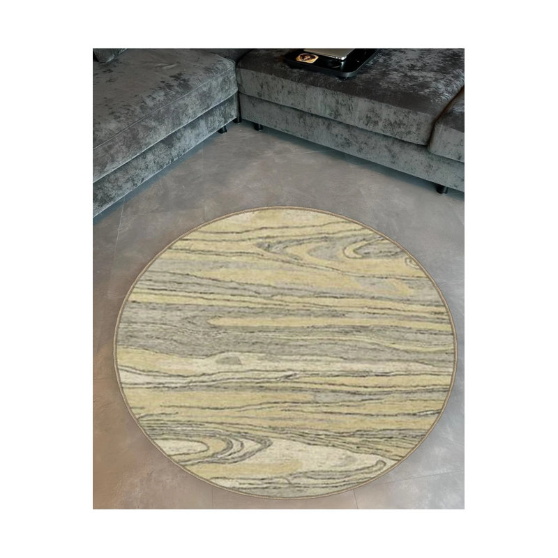 Yellow Beige Abstract Pattern Detailed Woven Base Modern Decorative Carpet, Round 2'8"
