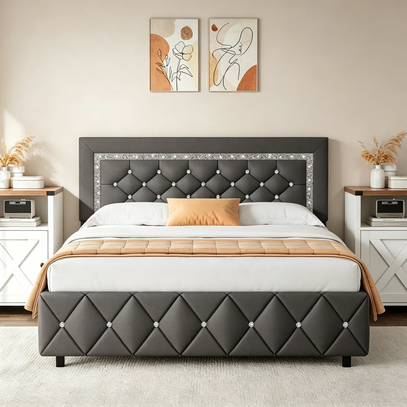 Alber Faux Leather Diamond Tufted Platform Bed with Headboard & 2 Rustic Farmhouse Nightstands Set, Barn Door End Tables with Storage Shelf