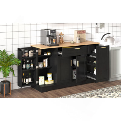 Multi-Functional Storage Sideboard, Extendable Dining Table, Adjustable Shelves, 3-Tier Pull-Out Rack, Kitchen Island Storage for Kitchen, Dining Room, Living Room (Black)