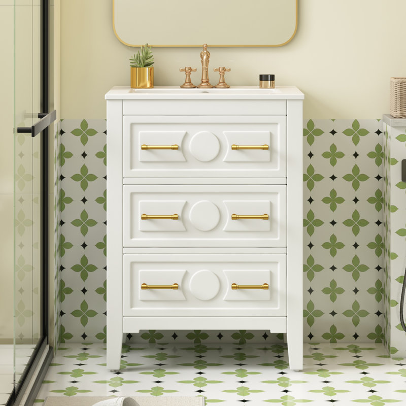 Meuble-lavabo simple sur pied 24 po avec comptoir en céramique et tiroirs, Blanc