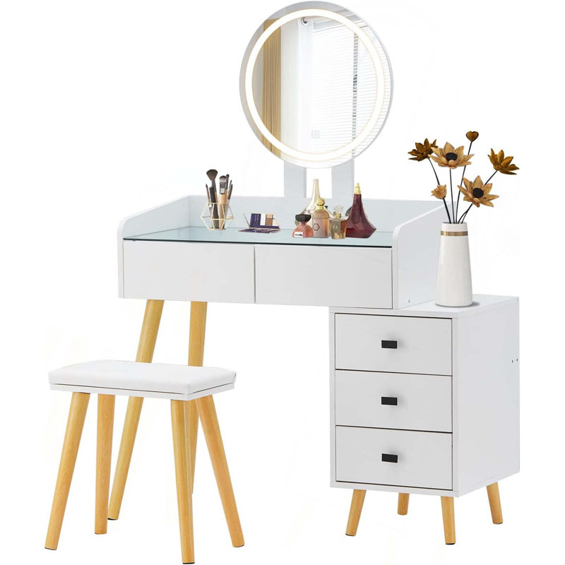 Dressing Table With LED Lights Glass Top Dressing Table With Extendable Side Table 5 Drawers Dressing Table With Mirror And Stool For Bedroom