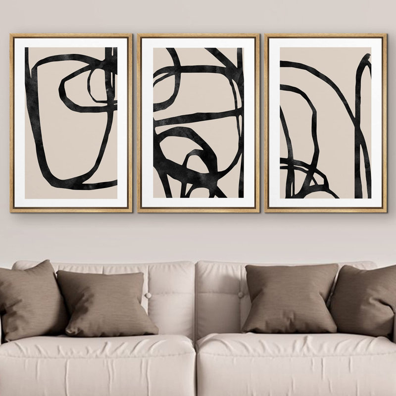 "Mid-Century noir, brun clair, ligne, collage, formes abstraites, illustrations, art moderne bohémien nordique", 3 pièces