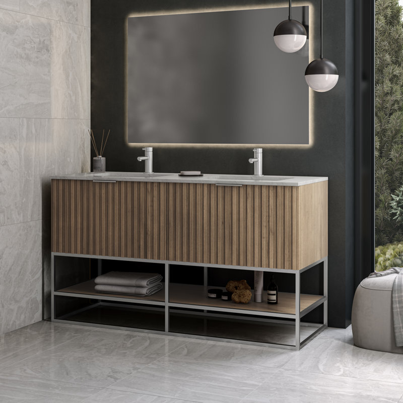 Terra 60'' Double Bathroom Vanity with Top, Carrara Marble/Single Faucet Mount, Cashmere Gray, Brushed Nickel