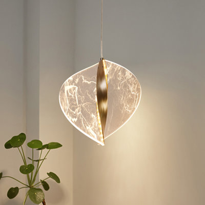 Modern Gold Dimmable Led Pendant Light With Cloud Vein Leaf Design Acrylic Shade & Remote Control