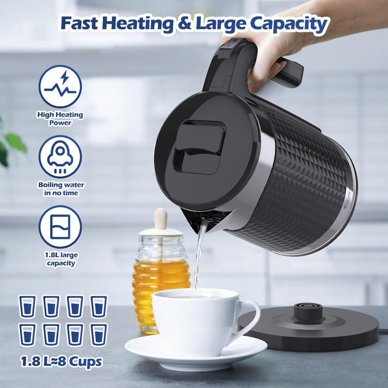 RAINBEAN 1.8L Electric Kettle With Fast Boil, Auto Shut-Off & Boil-Dry Protection – Black
