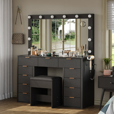 vanity Desk With Power Outlet, Fluted Makeup vanity With Lights Mirror, 3 Lighting Modes Adjustable, 11 Drawers vanity Set, Makeup Table With Glass To
