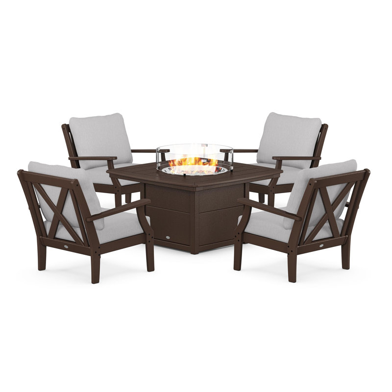 Braxton 5-Piece Deep Seating Conversation Set with Fire Pit Table, Granite, Mahogany