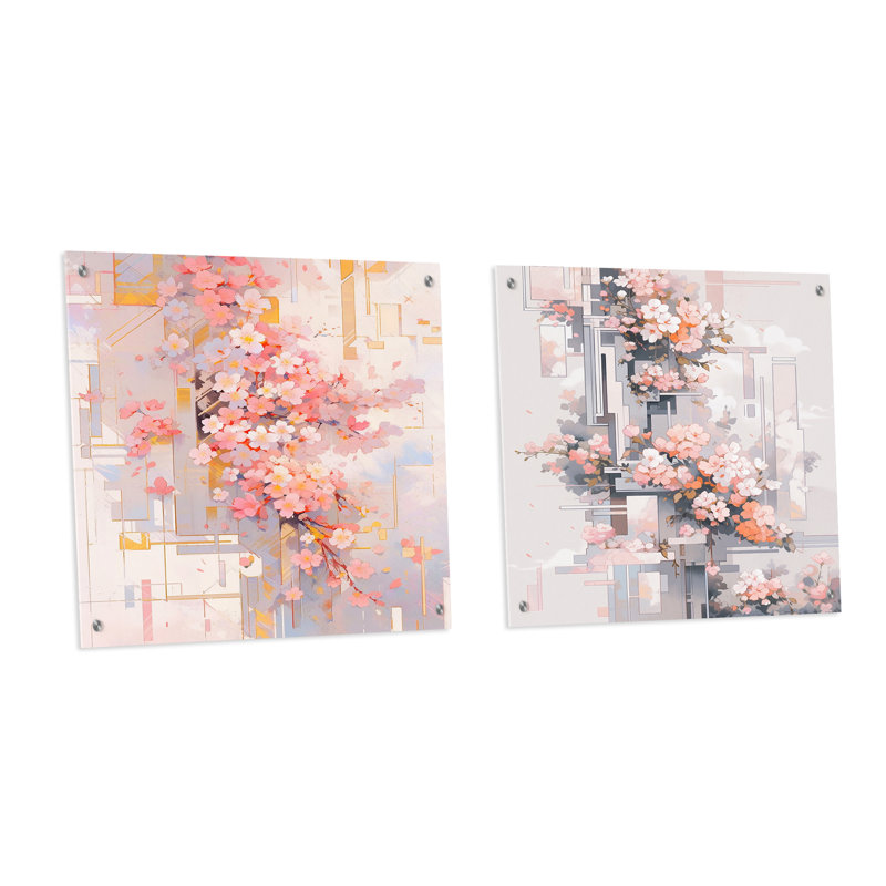 Contemporary Cherry Blossom Bold Stripes - Ensemble de 2 peintures murales en acrylique cerise, H 16 po x l 33 po