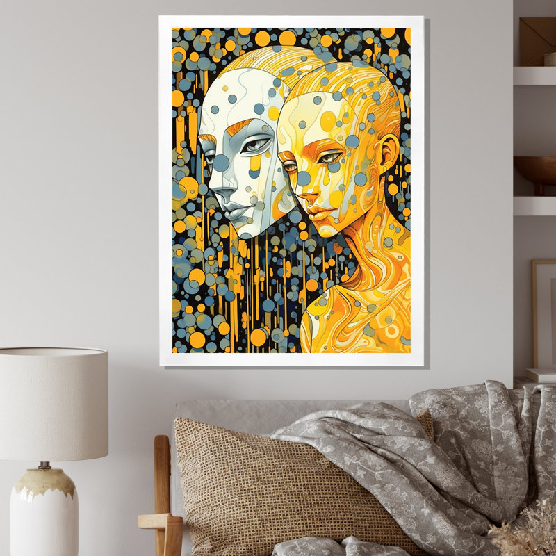 Hot Robots In Love - Illustration murale rétro, H 44 po x l 34 po x P 1,5 po, Cadre simple blanc