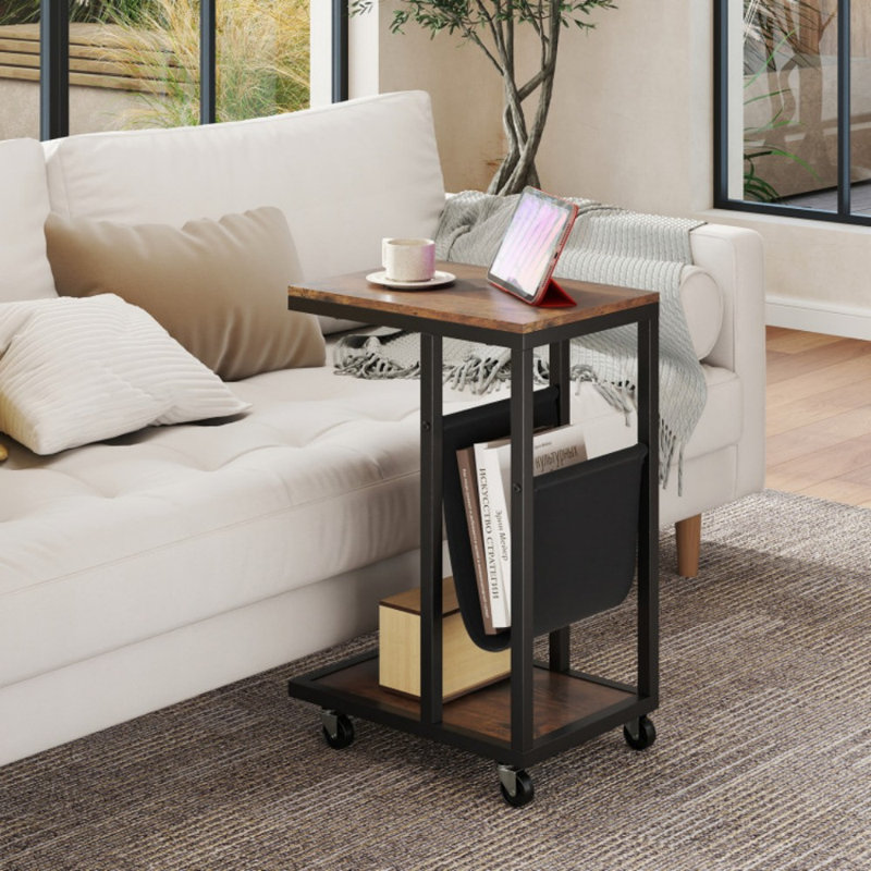 Table d'appoint en forme de C avec pochette de rangement en toile et structure en métal