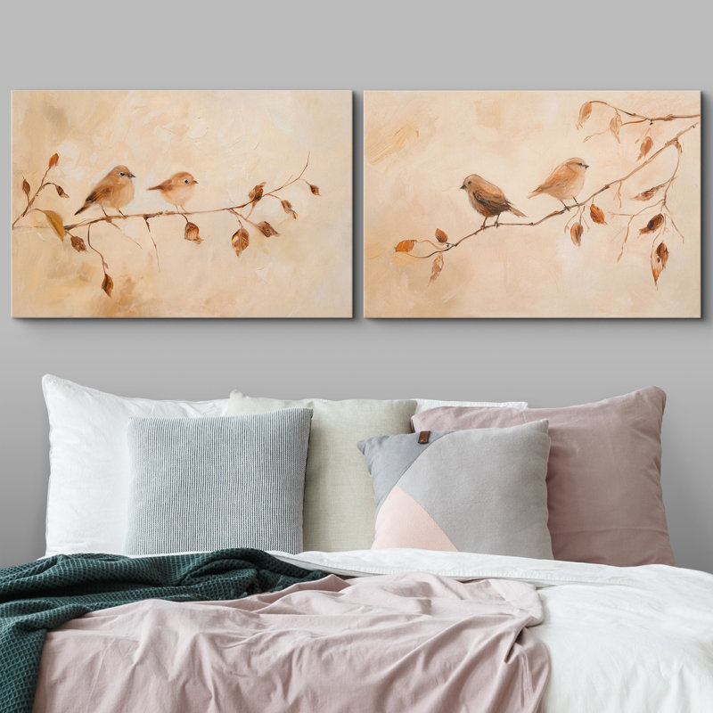 «Warm Brown Birds on Branch Autumn Nature», reproduction d'art sur toile encadrée 2 pièces, H 36 po x l 48 po x P 1,5 po