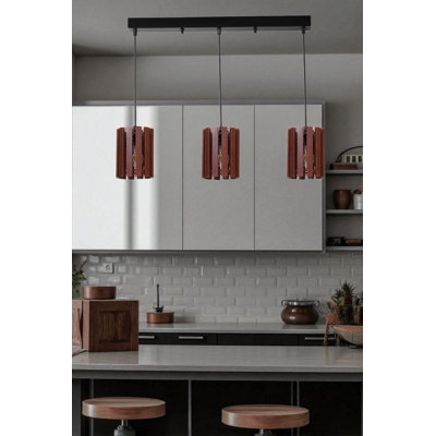Elegant Walnut & Black Chandelier, Adjustable Height, 23.6 x 2.4 x 1.2 inches | Metal Body with Wooden Cap, 3 x E27 Max 40W Sockets | Modern Design for Dining Room & Living Space, Stylish & Functional Lighting Solution
