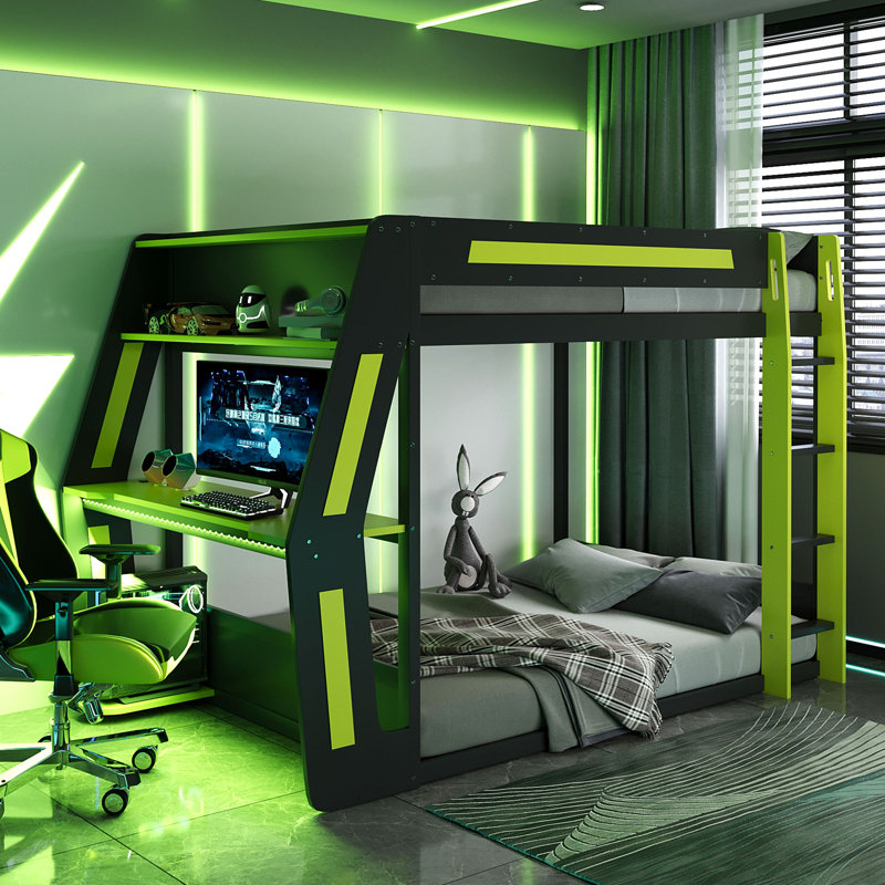 Full-Size Gaming Bunk Bed with Side-Mounted RGB Desk, USB Ports, Cable Grommet & LED Strip-Green, Green/Black