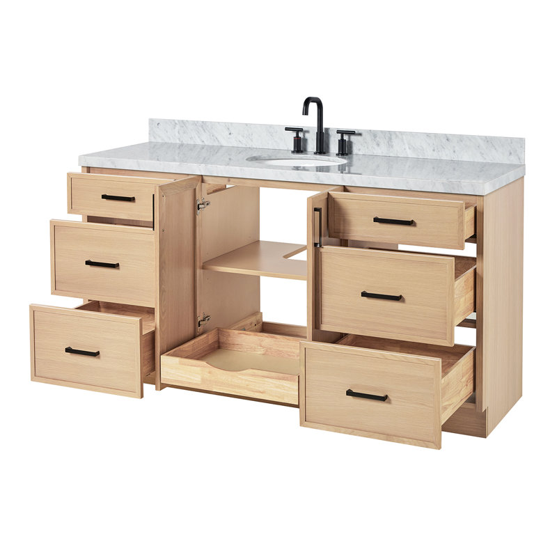 ARIEL Kelly 49 Single Sink Bathroom Vanity with Italian Carrara Marble Top, Oval, Oak, 67"