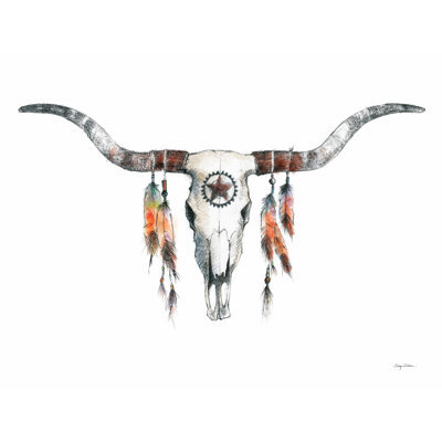 C-00538-Longhorn Steer, Cattle, Skull, On White, Mounted Rack, Horns, Feathers, Star, Texas Star, Brown, Tan, Orange, Cream, Western Country, Southwest, Desert
