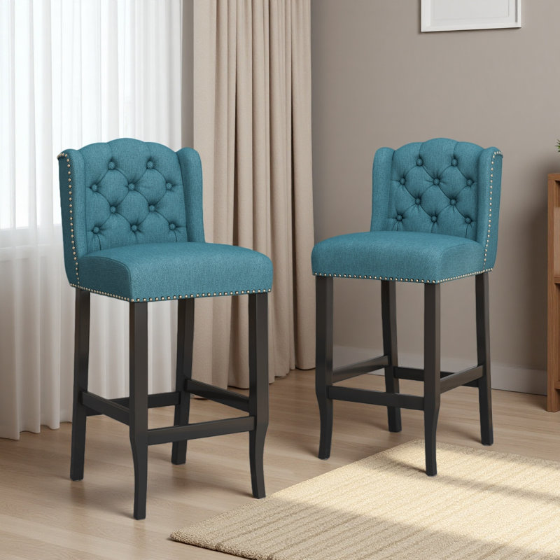 Tabourets de comptoir à oreilles touffetés en tissu Contemporary, ensemble de 2, Sarcelle